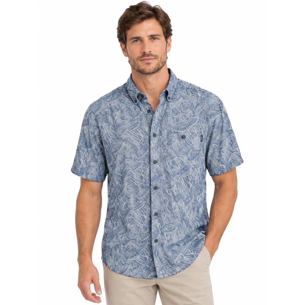 Howler Bros Mens Blue White Jellyfish Print Short Sleeve Button Down Shirt L